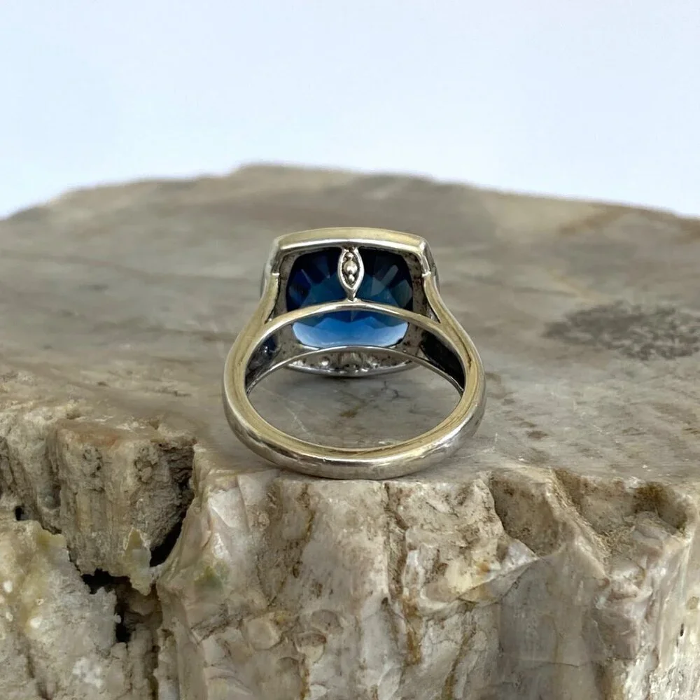 Sterling Silver 925 P☆M Blue Cubic Zirconia & Diamond Accent Stone Ring Sz 7